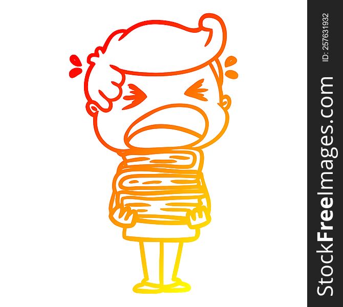 warm gradient line drawing of a cartoon shouting man with stack of books