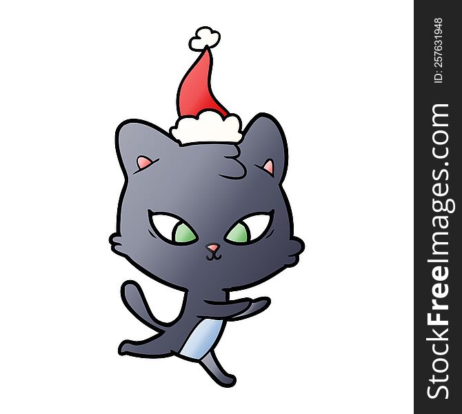 Cute Gradient Cartoon Of A Cat Wearing Santa Hat