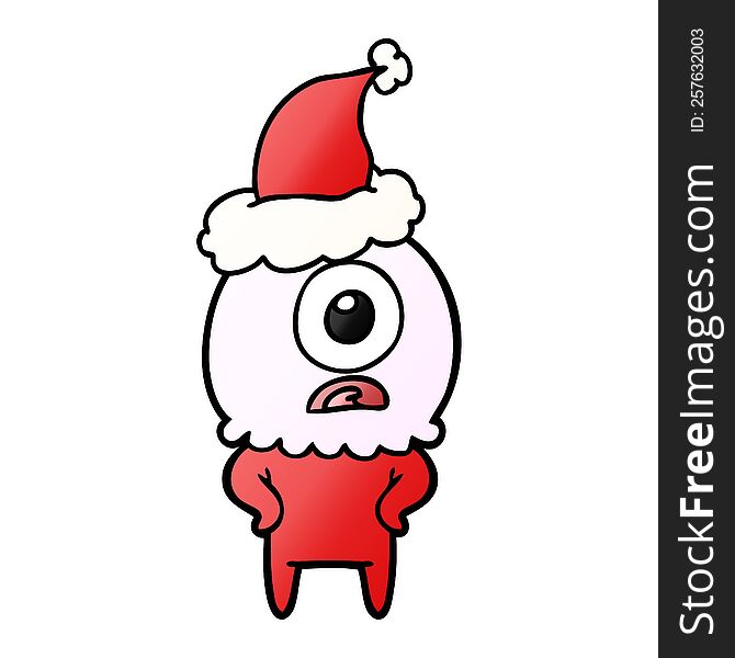Gradient Cartoon Of A Cyclops Alien Spaceman Wearing Santa Hat