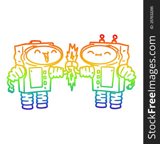 rainbow gradient line drawing of a cartoon robots connecting