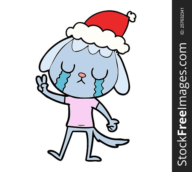 cute hand drawn line drawing of a dog crying wearing santa hat. cute hand drawn line drawing of a dog crying wearing santa hat