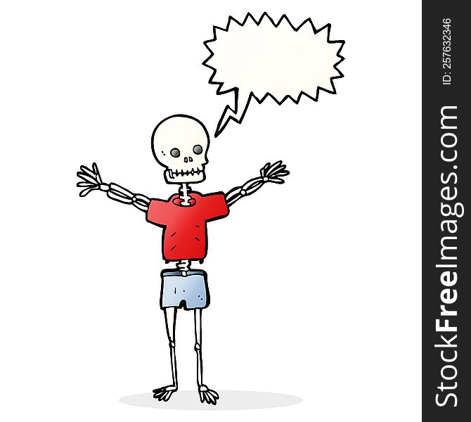 cartoon skeleton in clothes with speech bubble