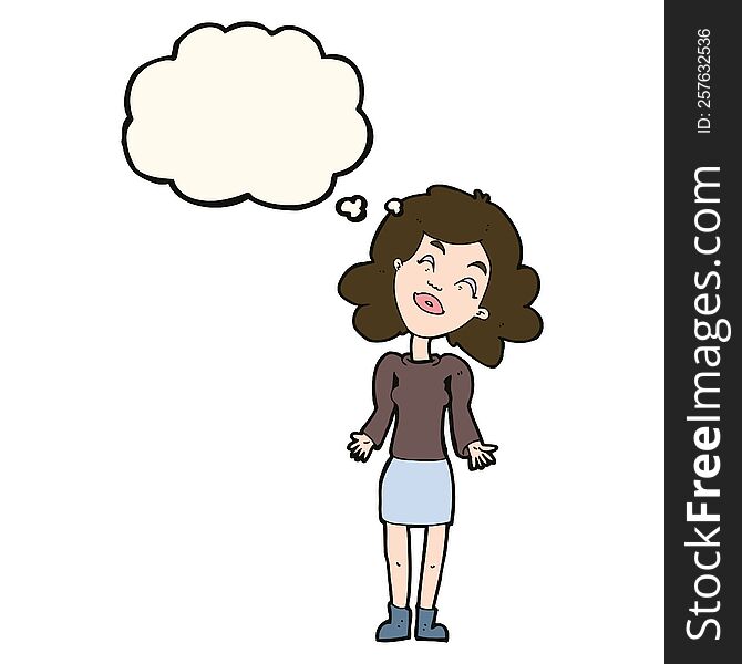 cartoon woman shrugging shoulders with thought bubble