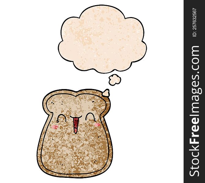 Cute Cartoon Slice Of Toast And Thought Bubble In Grunge Texture Pattern Style