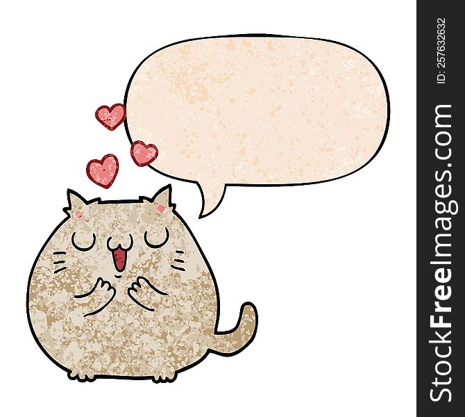 cute cartoon cat in love and speech bubble in retro texture style