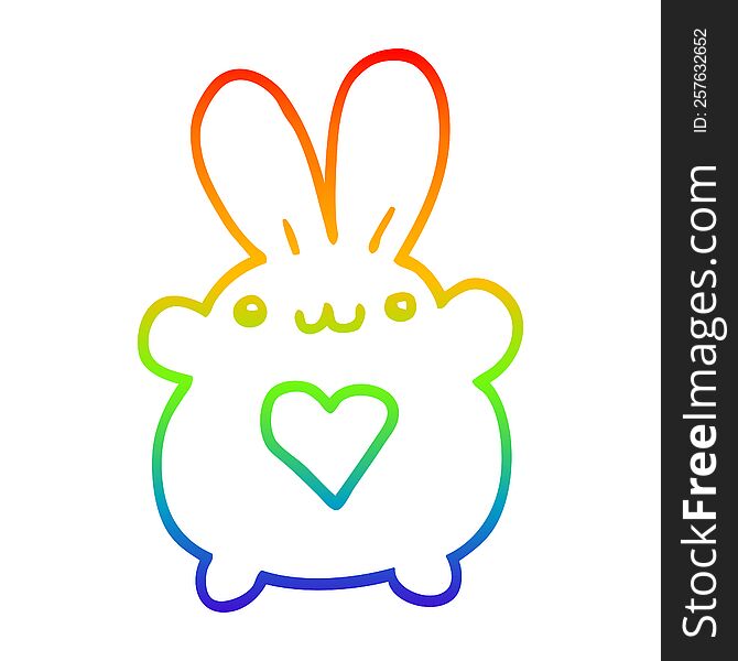 rainbow gradient line drawing of a cute cartoon rabbit with love heart