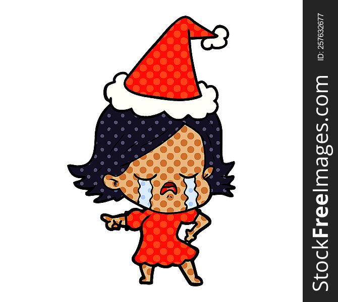 Comic Book Style Illustration Of A Girl Crying And Pointing Wearing Santa Hat