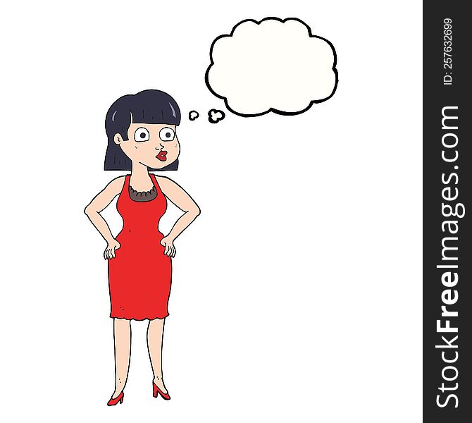 Thought Bubble Cartoon Woman In Dress With Hands On Hips