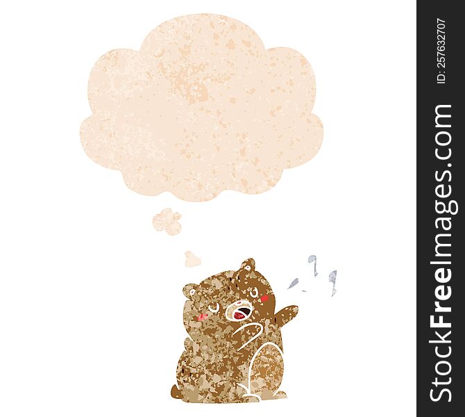 Cartoon Singing Bear And Thought Bubble In Retro Textured Style