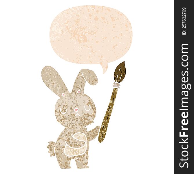 cartoon rabbit with paint brush with speech bubble in grunge distressed retro textured style. cartoon rabbit with paint brush with speech bubble in grunge distressed retro textured style