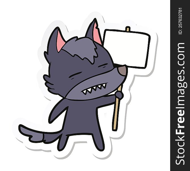 sticker of a cartoon wolf with sign post showing teeth