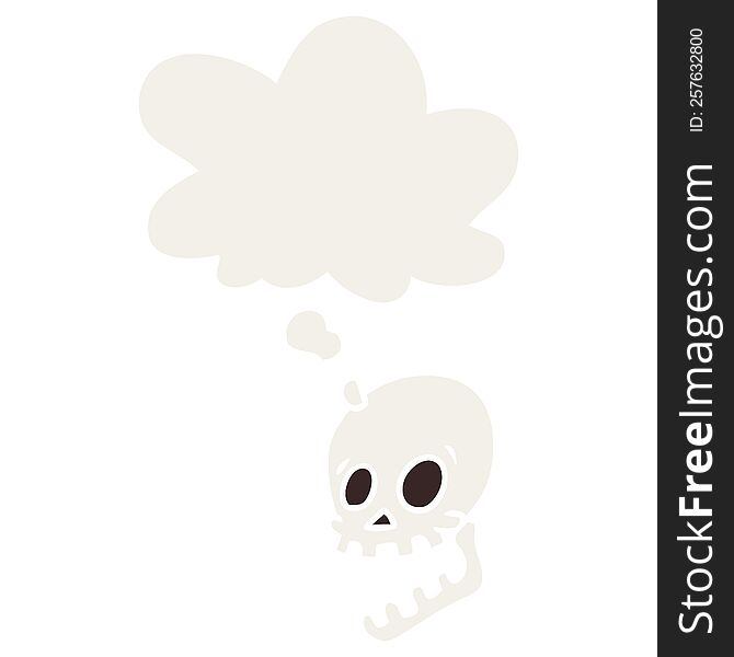 laughing skull cartoon with thought bubble in retro style
