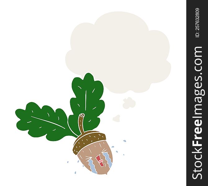cartoon crying acorn with thought bubble in retro style