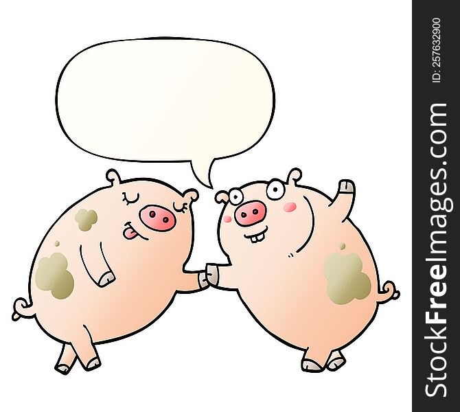 cartoon pigs dancing and speech bubble in smooth gradient style