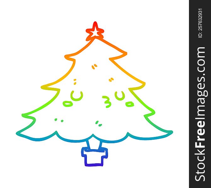 rainbow gradient line drawing of a cute cartoon christmas tree