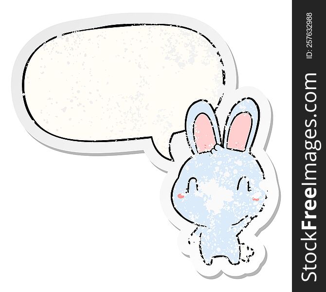 Cute Cartoon Rabbit Waving And Speech Bubble Distressed Sticker