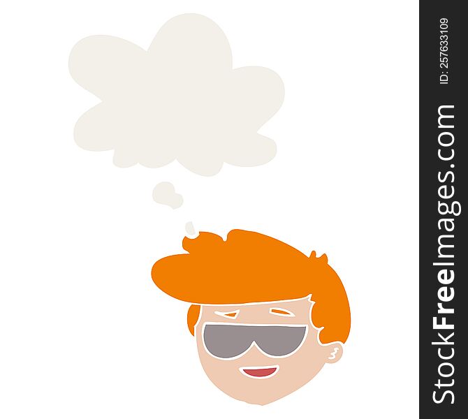 cartoon boy wearing sunglasses with thought bubble in retro style