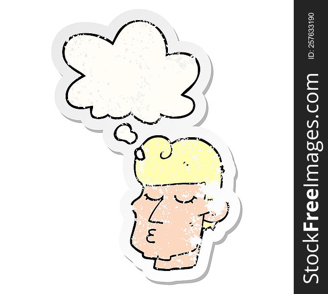 Cartoon Handsome Man And Thought Bubble As A Distressed Worn Sticker
