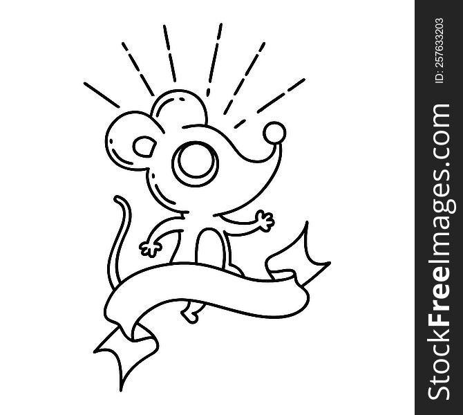 banner with black line work tattoo style mouse character