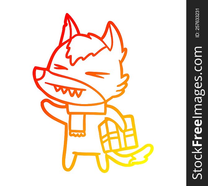 warm gradient line drawing of a angry christmas wolf cartoon
