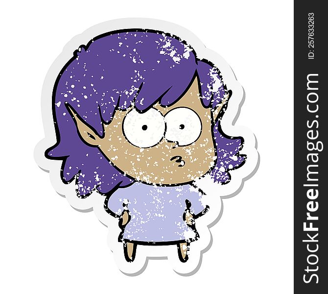 Distressed Sticker Of A Cartoon Elf Girl Staring