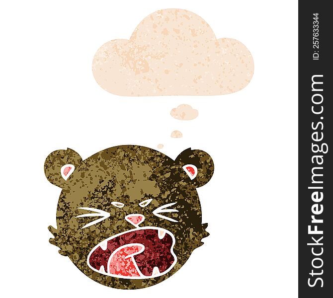 Cute Cartoon Teddy Bear Face And Thought Bubble In Retro Textured Style
