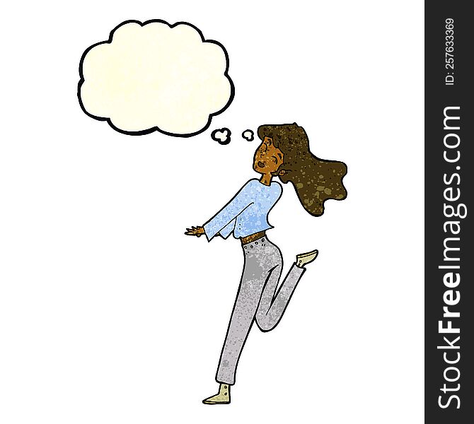 cartoon happy girl kicking out leg with thought bubble