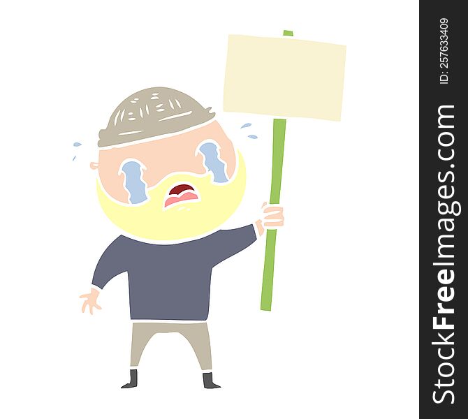 Flat Color Style Cartoon Bearded Protester Crying