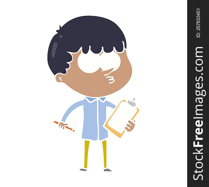 Flat Color Style Cartoon Curious Boy Taking Notes