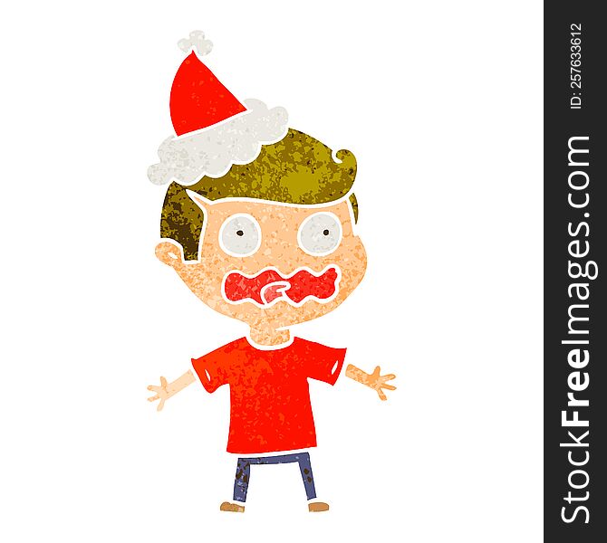 hand drawn retro cartoon of a man totally stressed out wearing santa hat