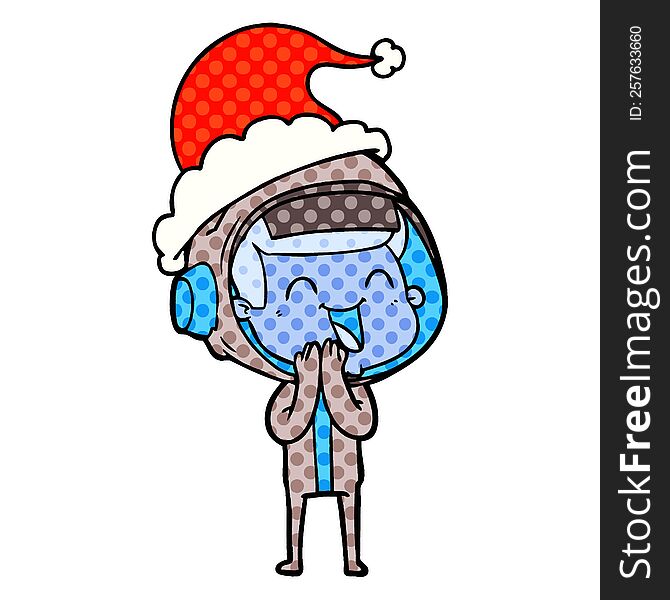 happy hand drawn comic book style illustration of a astronaut wearing santa hat