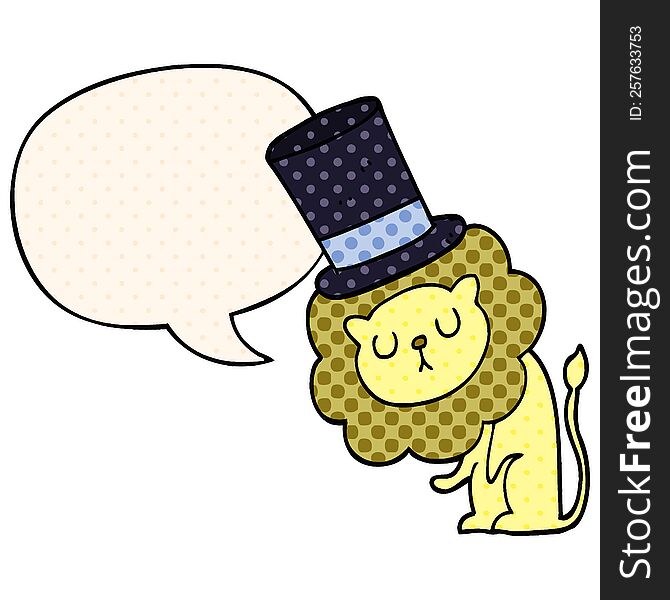 Cute Cartoon Lion Wearing Top Hat And Speech Bubble In Comic Book Style