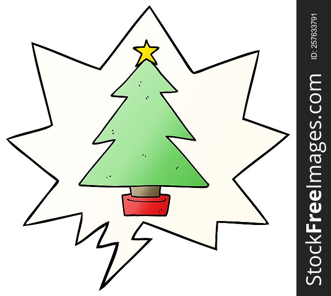 cartoon christmas tree with speech bubble in smooth gradient style