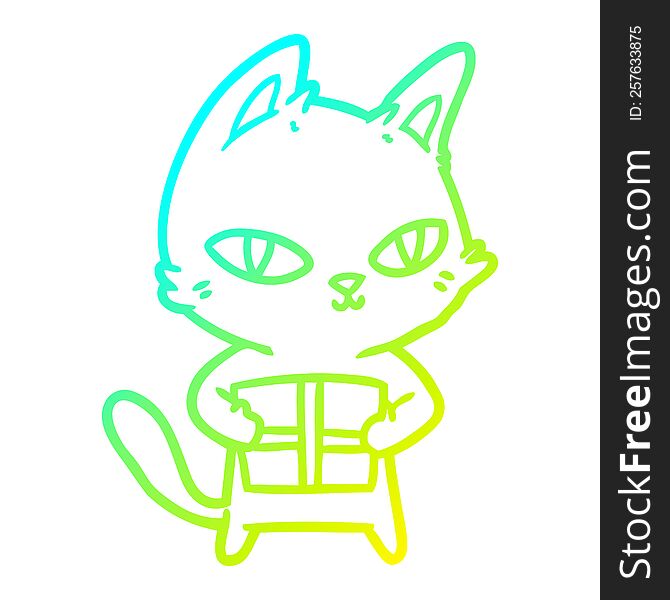 cold gradient line drawing of a cartoon cat holding parcel