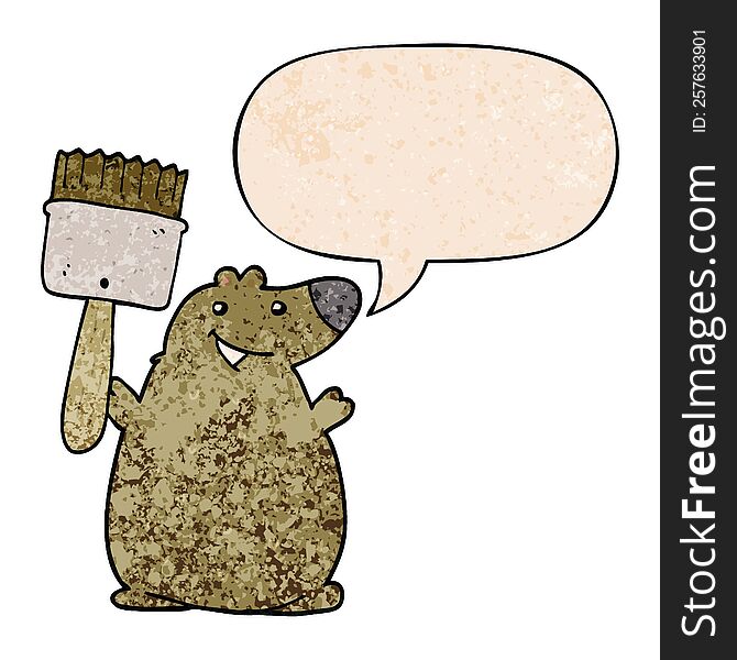 Cartoon Bear And Paint Brush And Speech Bubble In Retro Texture Style