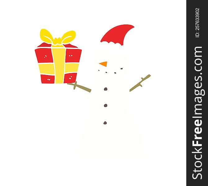 flat color style cartoon snowman with present