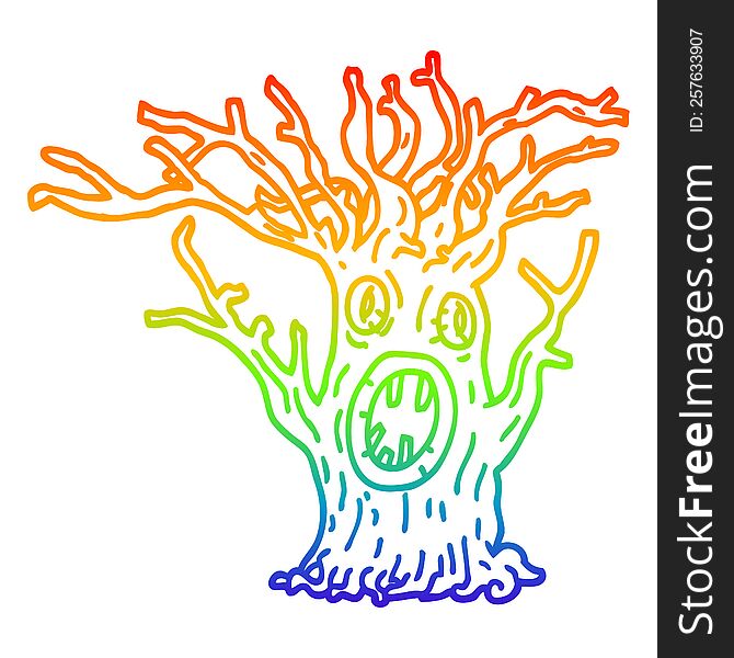 rainbow gradient line drawing of a cartoon spooky tree