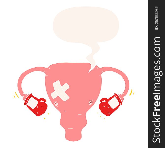 cartoon beat up uterus with boxing gloves with speech bubble in retro style. cartoon beat up uterus with boxing gloves with speech bubble in retro style