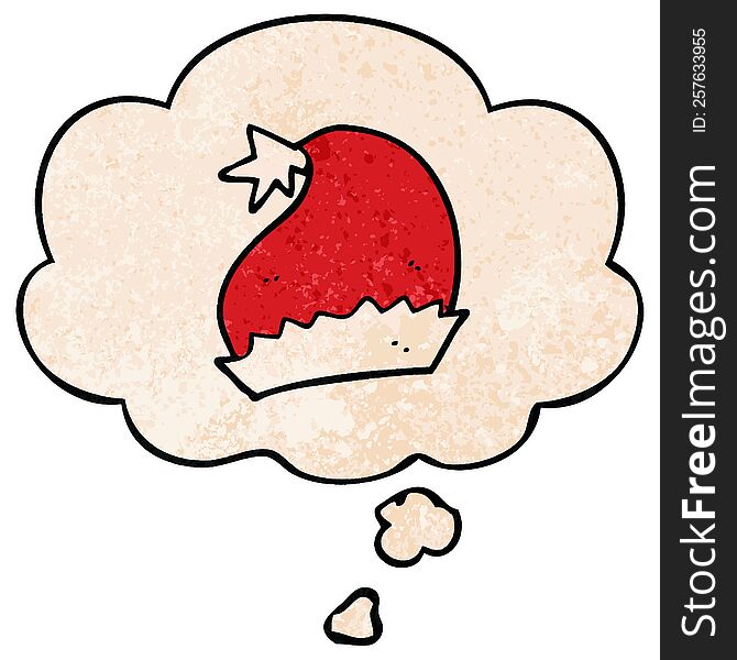 Cartoon Santa Hat And Thought Bubble In Grunge Texture Pattern Style