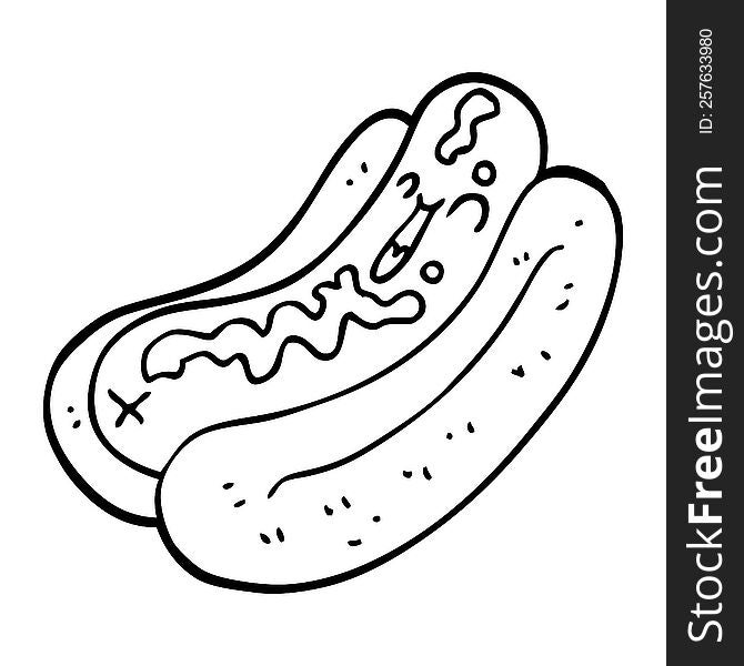 line drawing cartoon hotdog with mustard