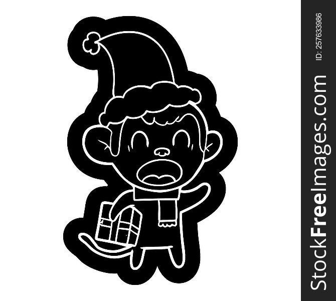 shouting quirky cartoon icon of a monkey carrying christmas gift wearing santa hat
