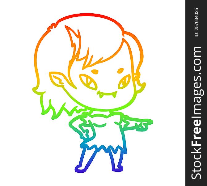 Rainbow Gradient Line Drawing Cartoon Friendly Vampire Girl Pointing