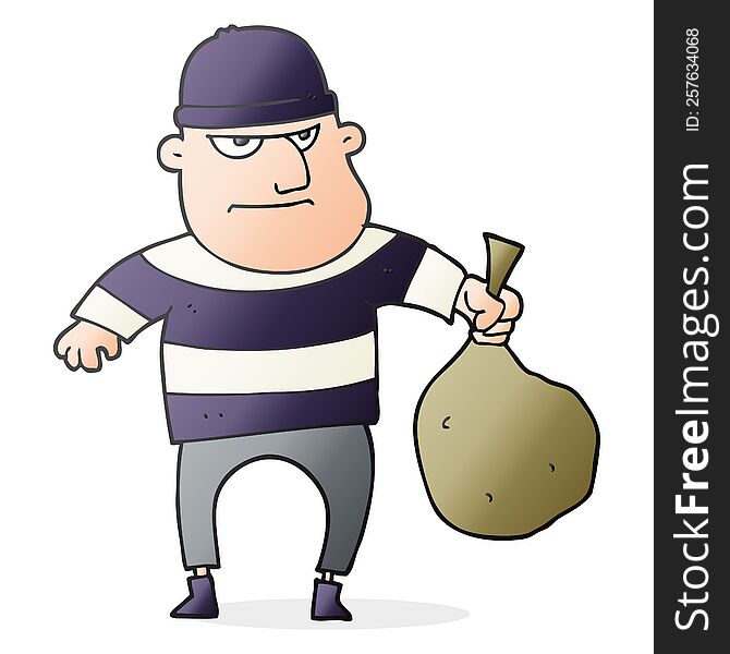 freehand drawn cartoon burglar with loot bag