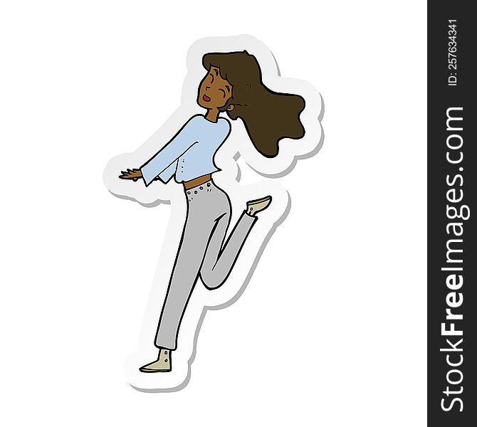 sticker of a cartoon happy girl kicking out leg