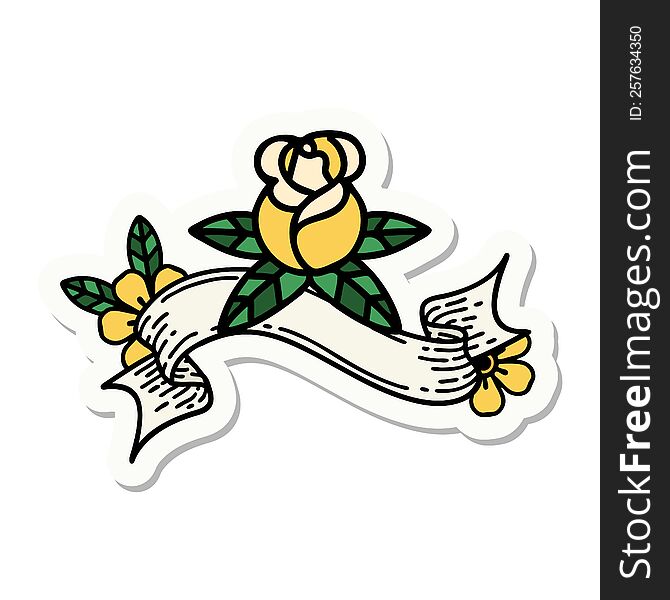 tattoo style sticker with banner of a single rose