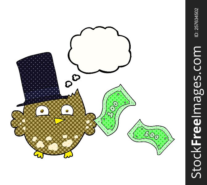 freehand drawn thought bubble cartoon wealthy little owl with top hat