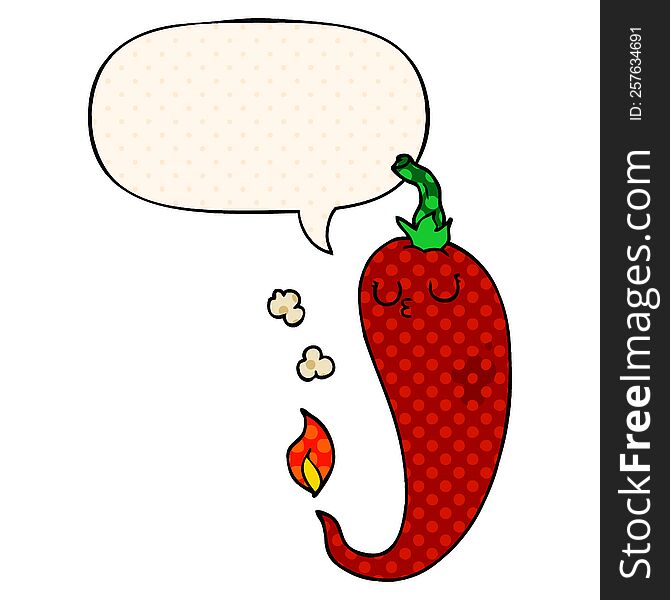 cartoon hot chili pepper with speech bubble in comic book style