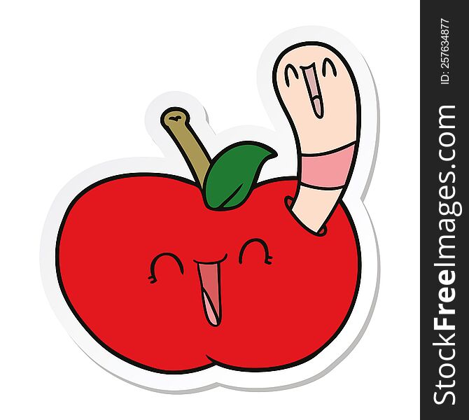 Sticker Of A Cartoon Worm In Happy Apple