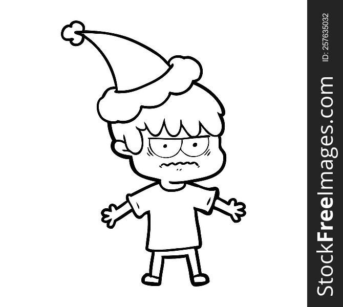 annoyed hand drawn line drawing of a boy wearing santa hat. annoyed hand drawn line drawing of a boy wearing santa hat