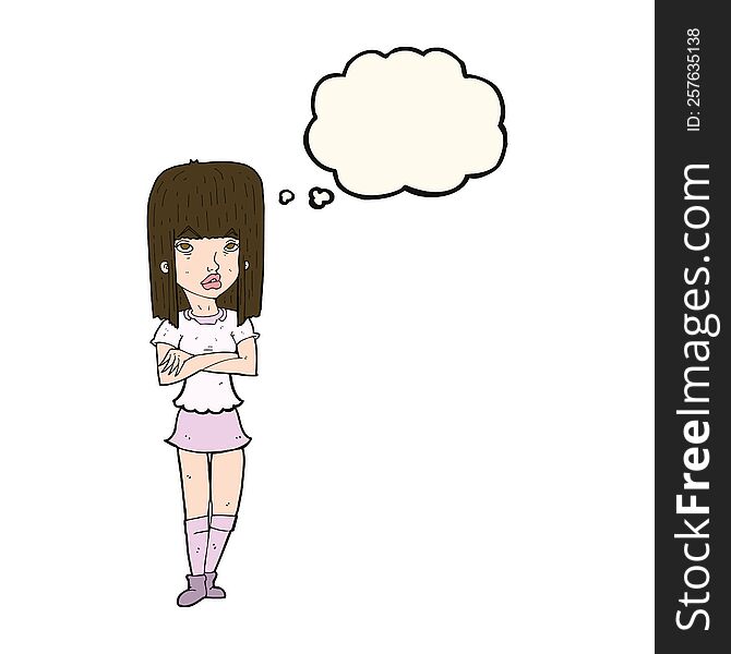 cartoon girl with crossed arms with thought bubble